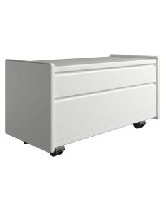 Hvid kommode med 2 skuffer på hjul.